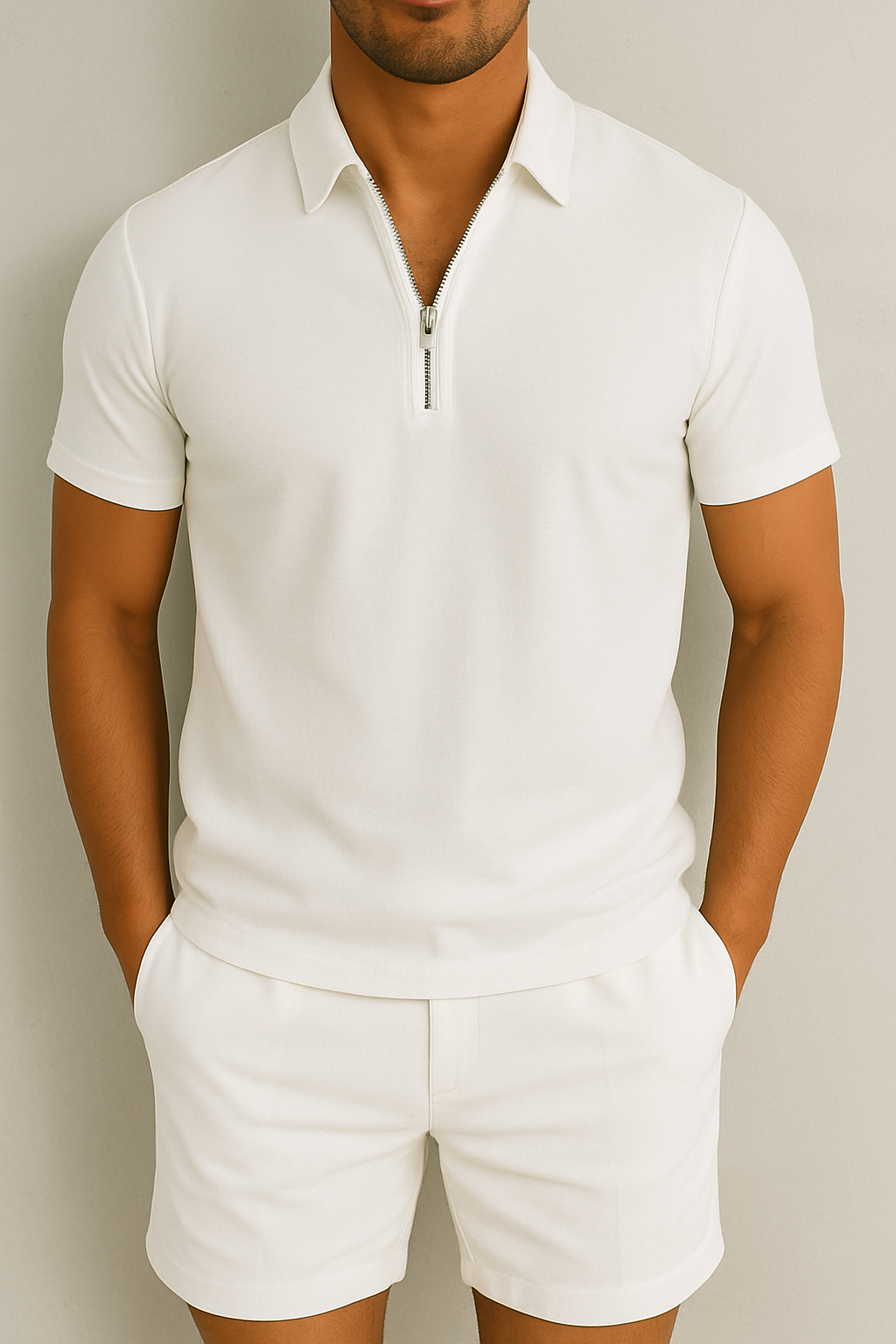 Men's Short Sleeve Polo Shirt with Zip Collar and Modern Fit