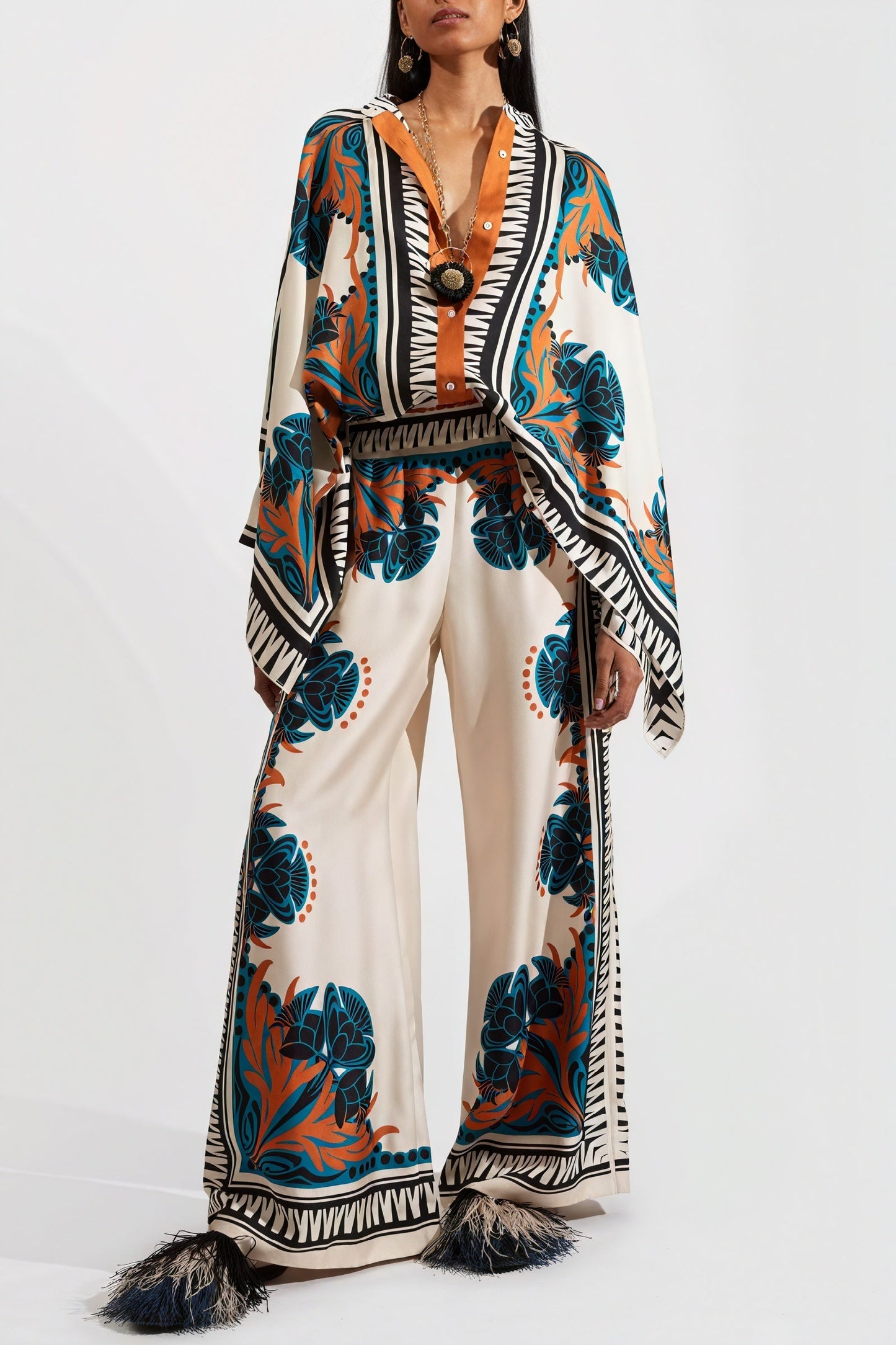 Women's Printed Kimono Blouse and Wide-Leg Pants Two-Piece Set