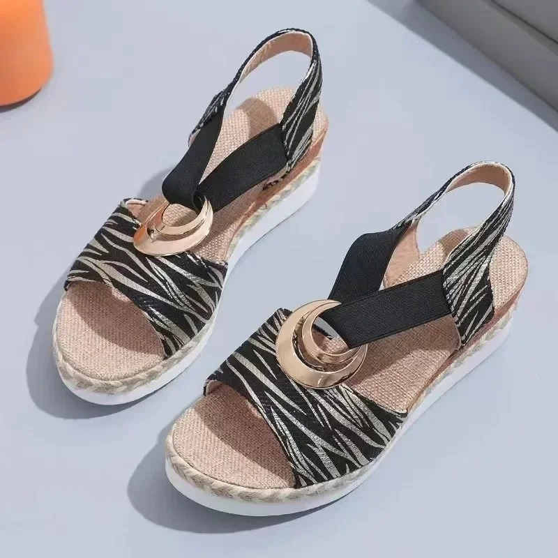 Women's Chic Wedge Sandals with Decorative Ring and Adjustable Strap