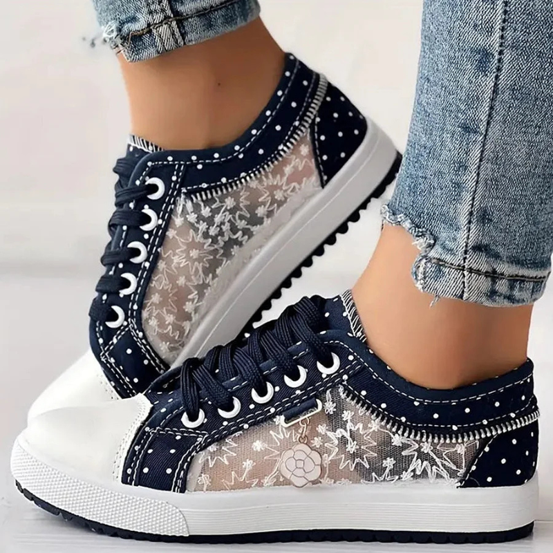 Women's Casual Sneakers with Lace Mesh and Polka Dot Design