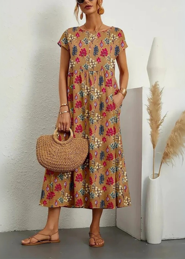 Women's Boho Floral Maxi Dress with Short Sleeves and Side Pockets