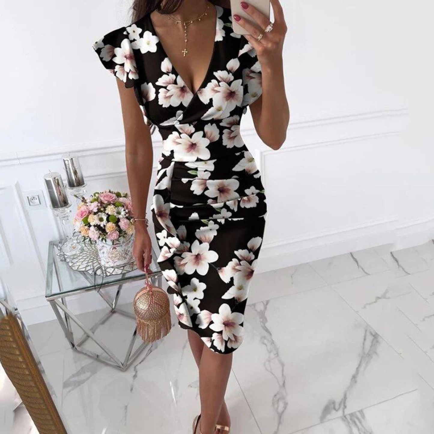 Women's Floral V-Neck Midi Dress with Ruffle Sleeves and Draping