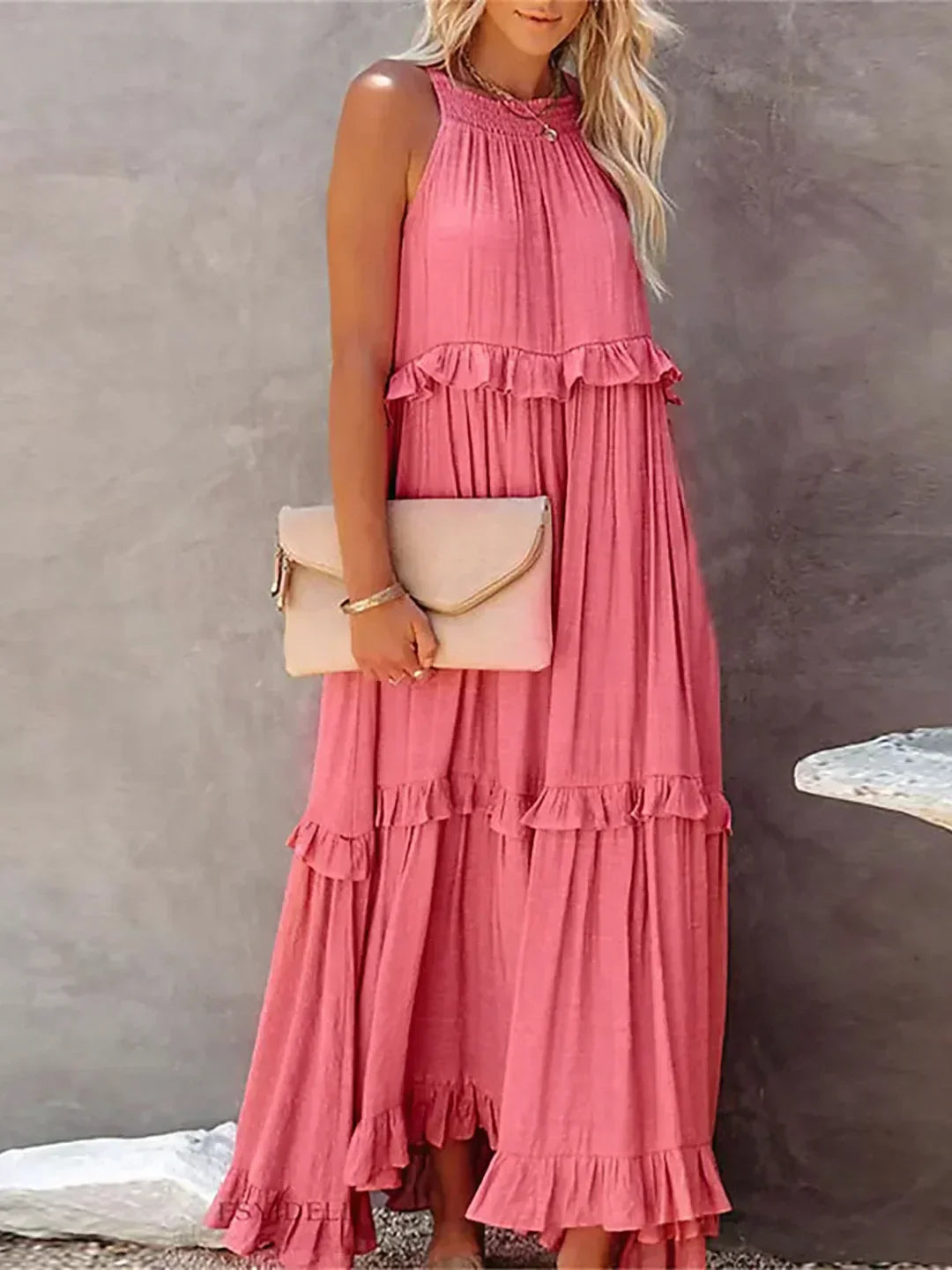 Women's Halterneck Maxi Dress with Ruffle Layers and Side Pockets