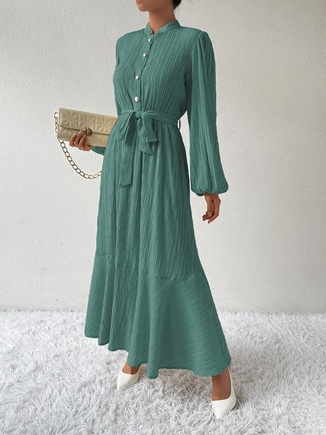 Women's Long-Sleeve Buttoned Maxi Dress with Waist Tie