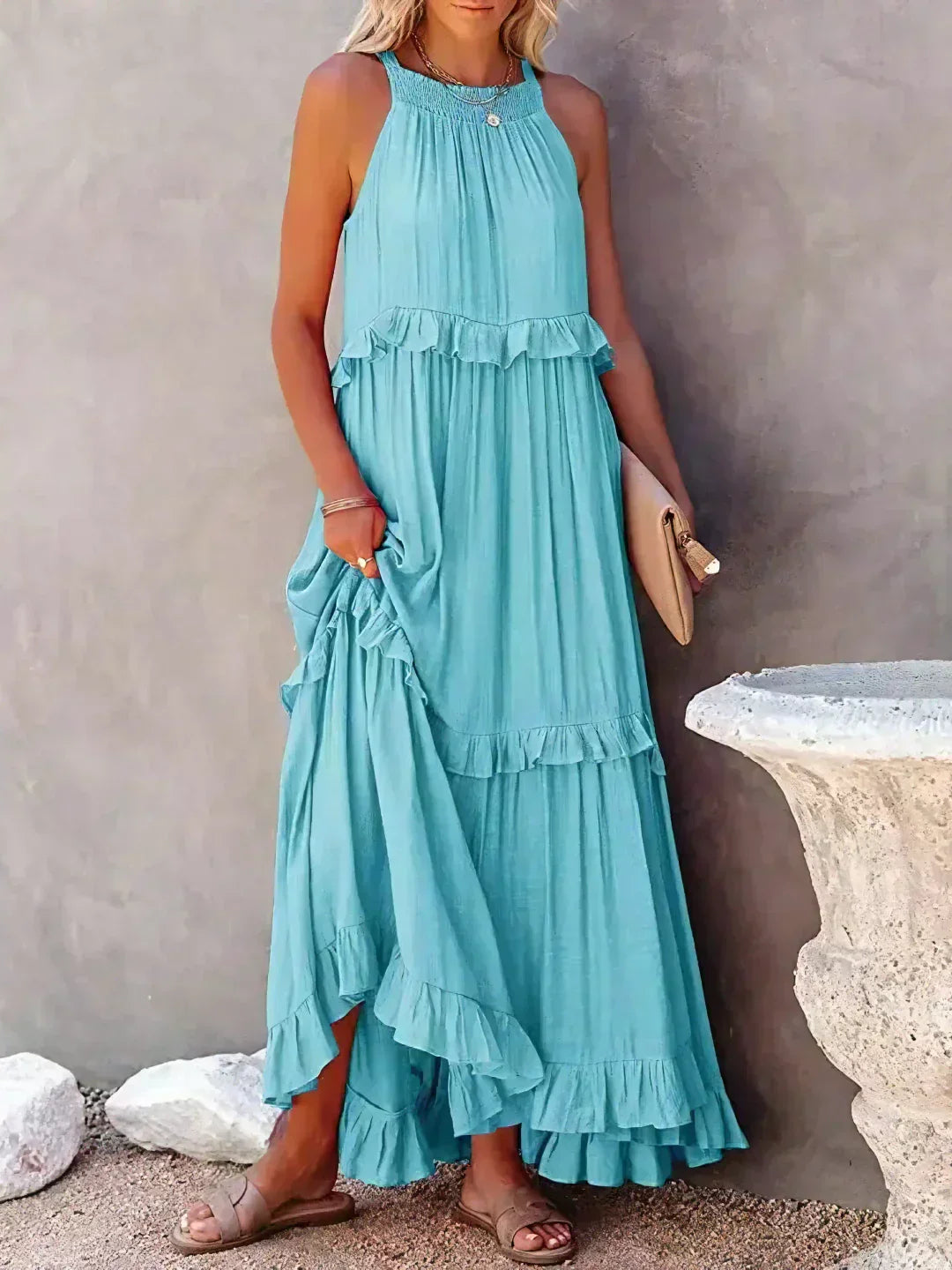 Women's Halterneck Maxi Dress with Ruffle Layers and Side Pockets