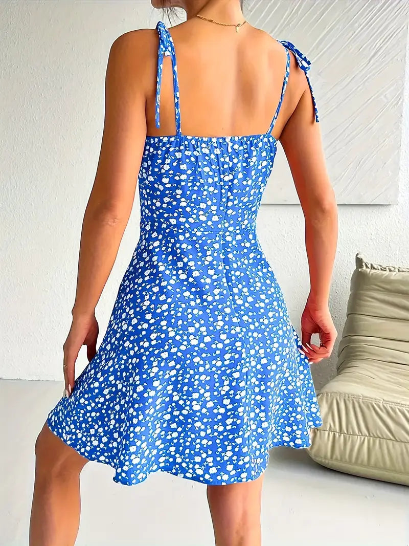 Women's Mini Dress with Floral Print and Tie Straps