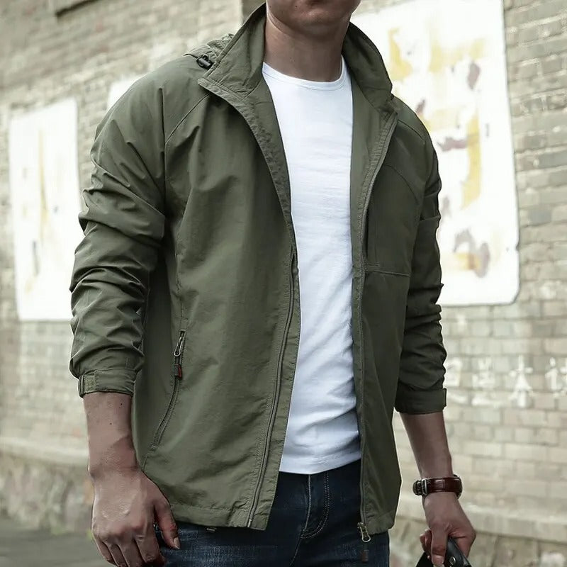 Men's Zip Front Jacket with Stand Collar and Functional Pockets
