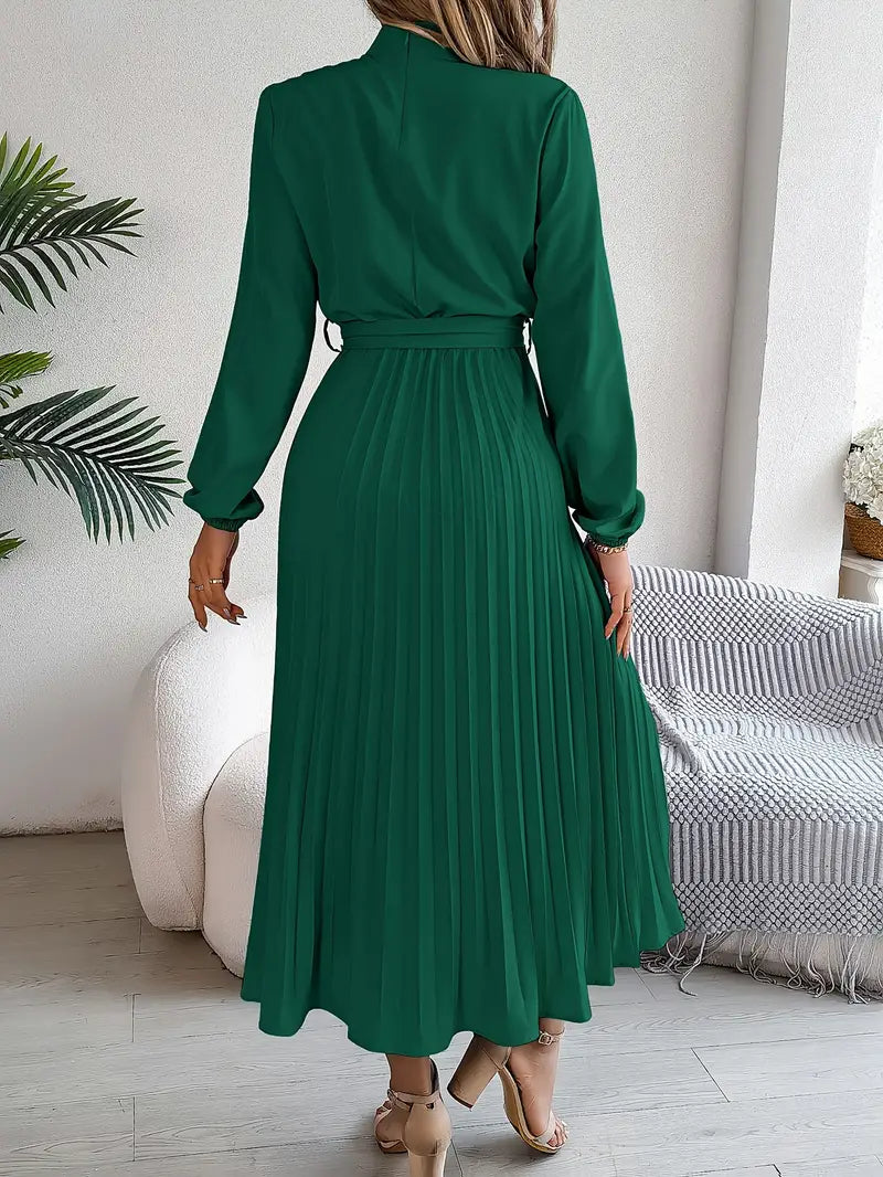 Women's Chic Pleated Midi Dress with Belted Waist
