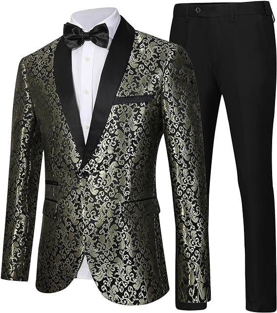 Men's Tuxedo Suit with Shiny Lapel and Patterned Blazer Two Piece Set
