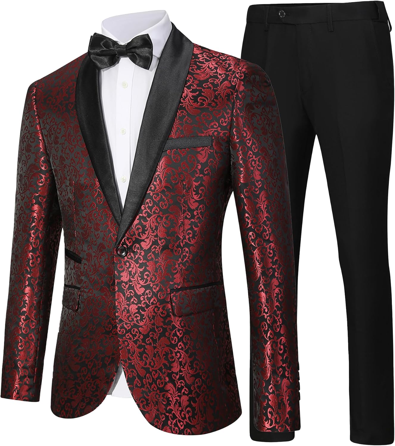 Men's Tuxedo Suit with Shiny Lapel and Patterned Blazer Two Piece Set