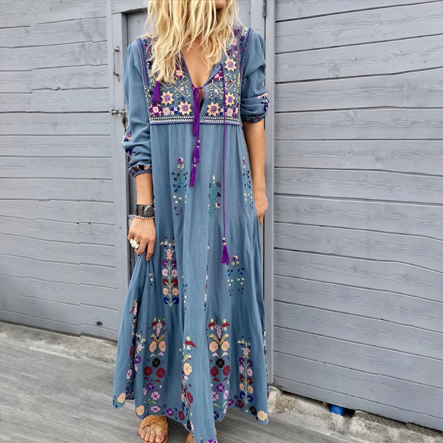 Women's Maxi Boho Dress with Embroidered Details and Tassel Accents