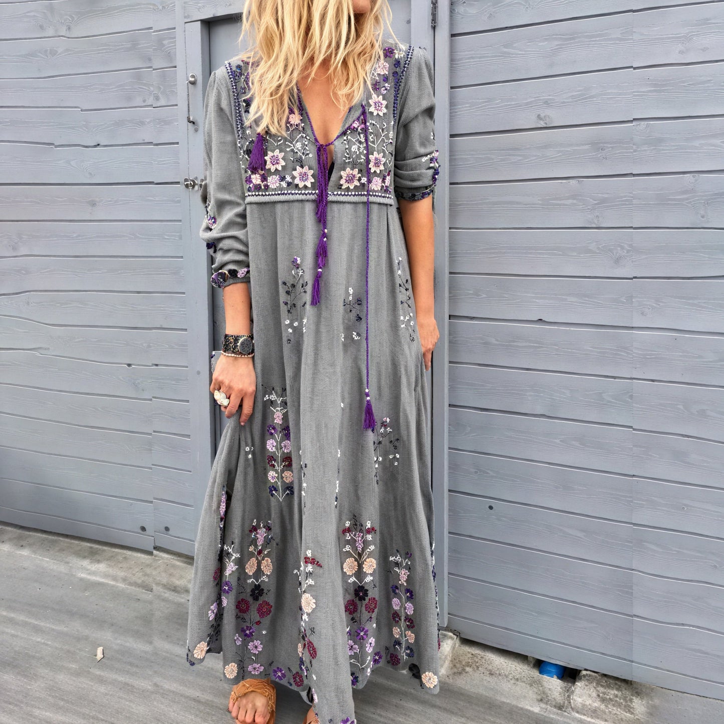 Women's Maxi Boho Dress with Embroidered Details and Tassel Accents