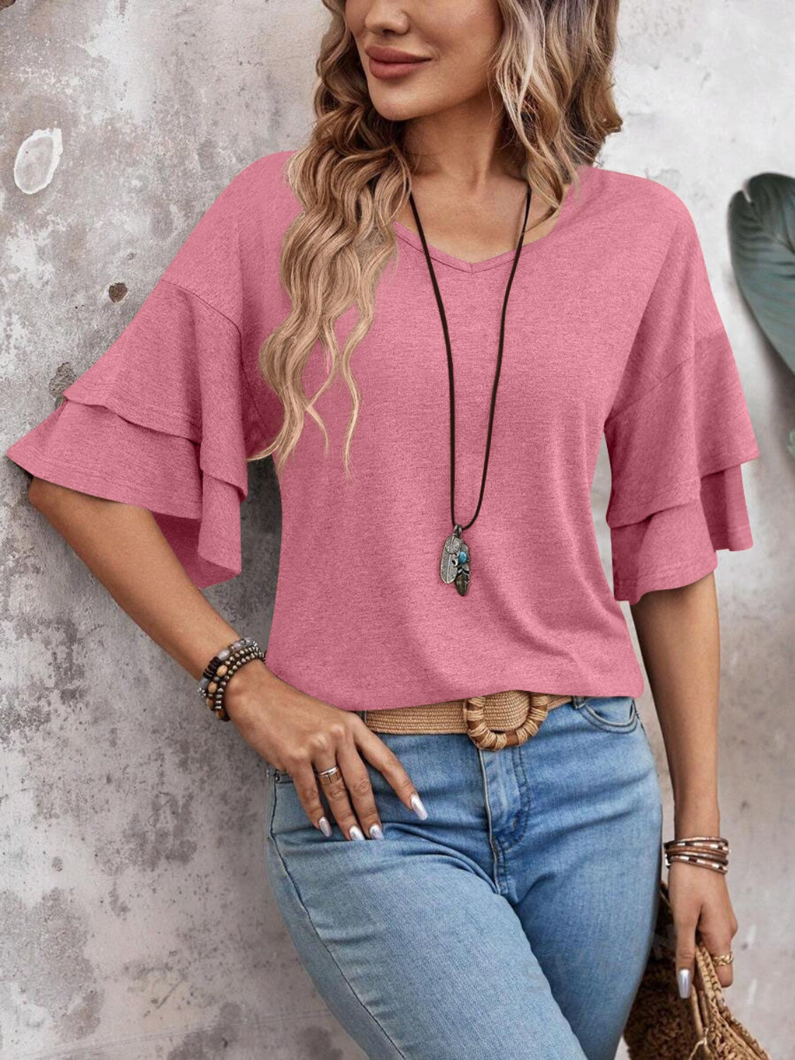 Women's Ruffle Sleeve V-Neck Blouse