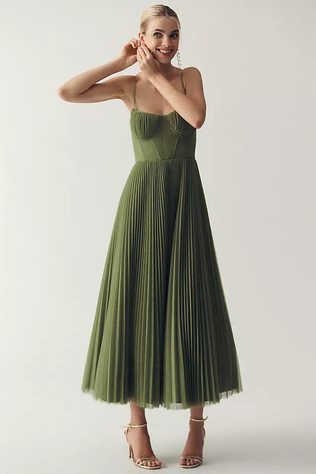 Women’s Pleated Midi Dress – Elegant Corset Bodice Party Style