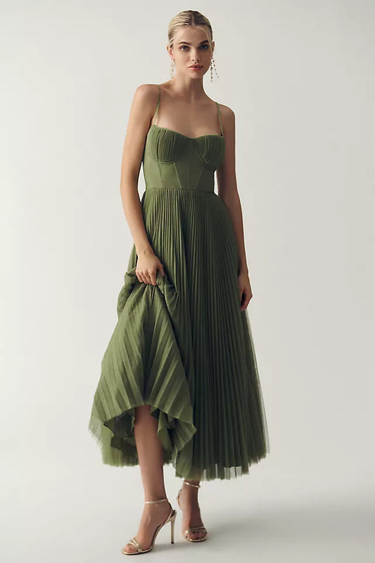 Women’s Pleated Midi Dress – Elegant Corset Bodice Party Style