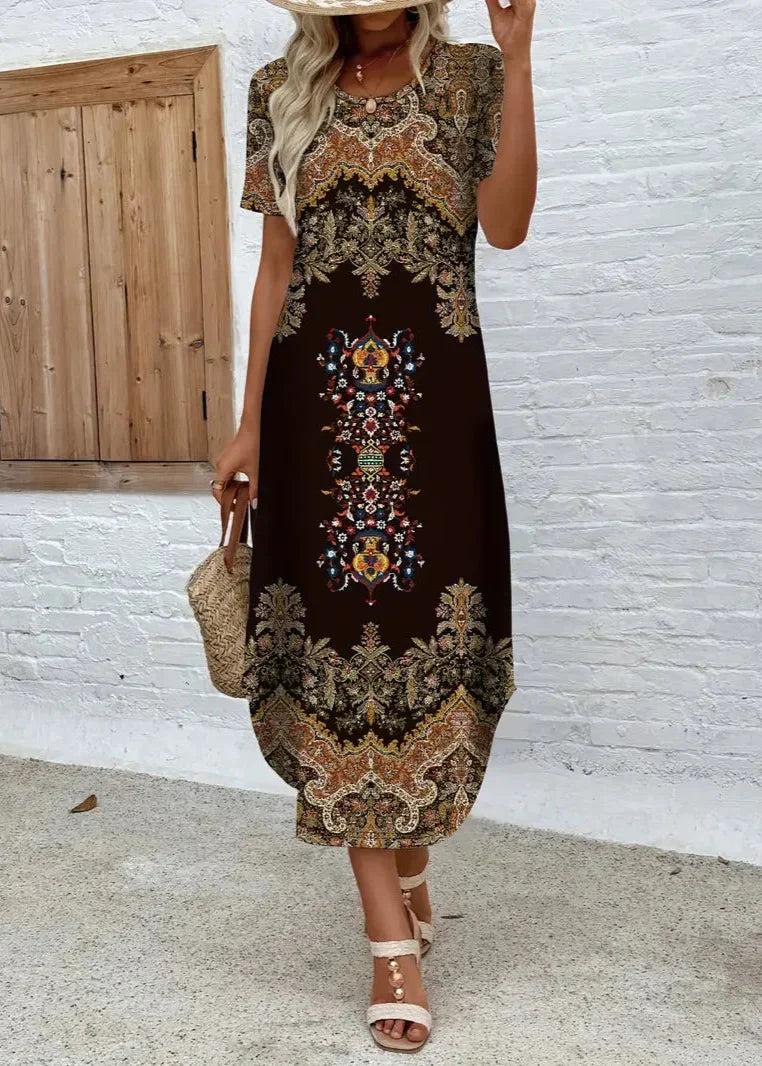 Women's Boho Maxi Dress with Short Sleeves and Ornate Print Design