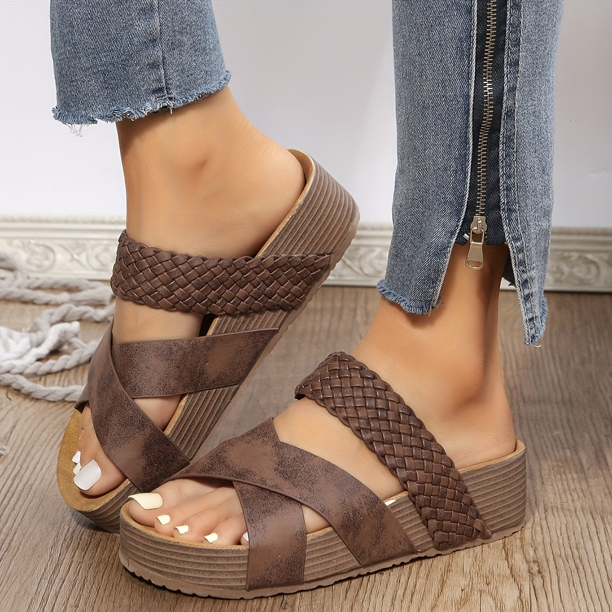 Women's Slip-On Wedge Sandals with Braided Crossover Straps