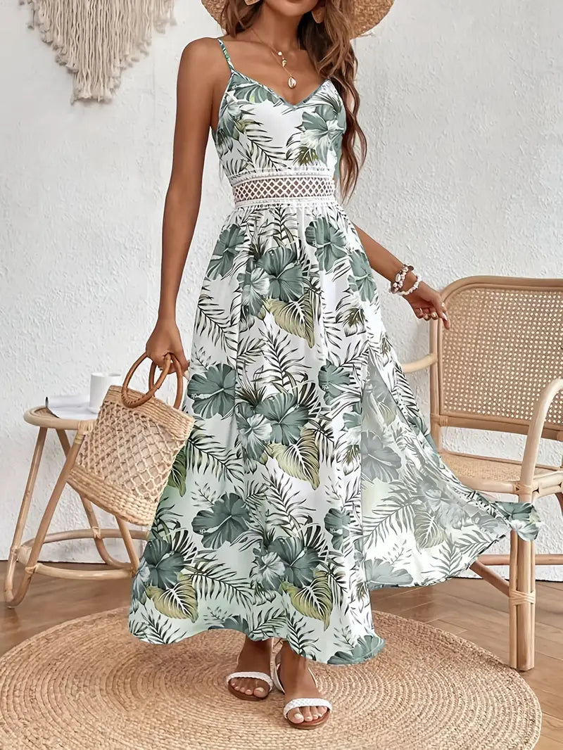 Women's Spaghetti Strap Maxi Dress with Tropical Print and Waist Detail