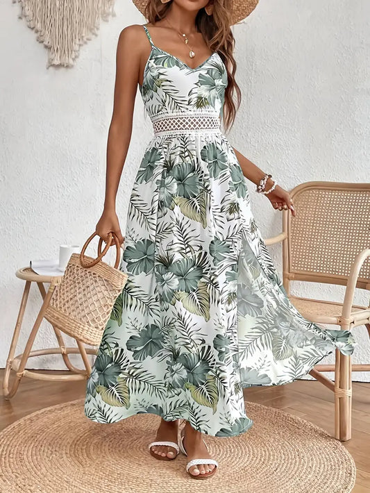 Women's Spaghetti Strap Maxi Dress with Tropical Print and Waist Detail