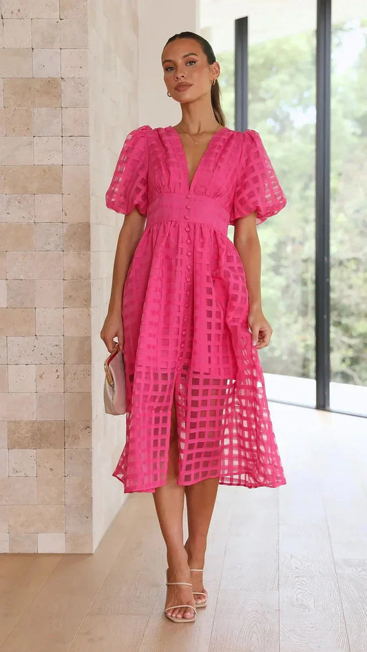 Women's Midi Dress with Puff Sleeves and Grid Pattern