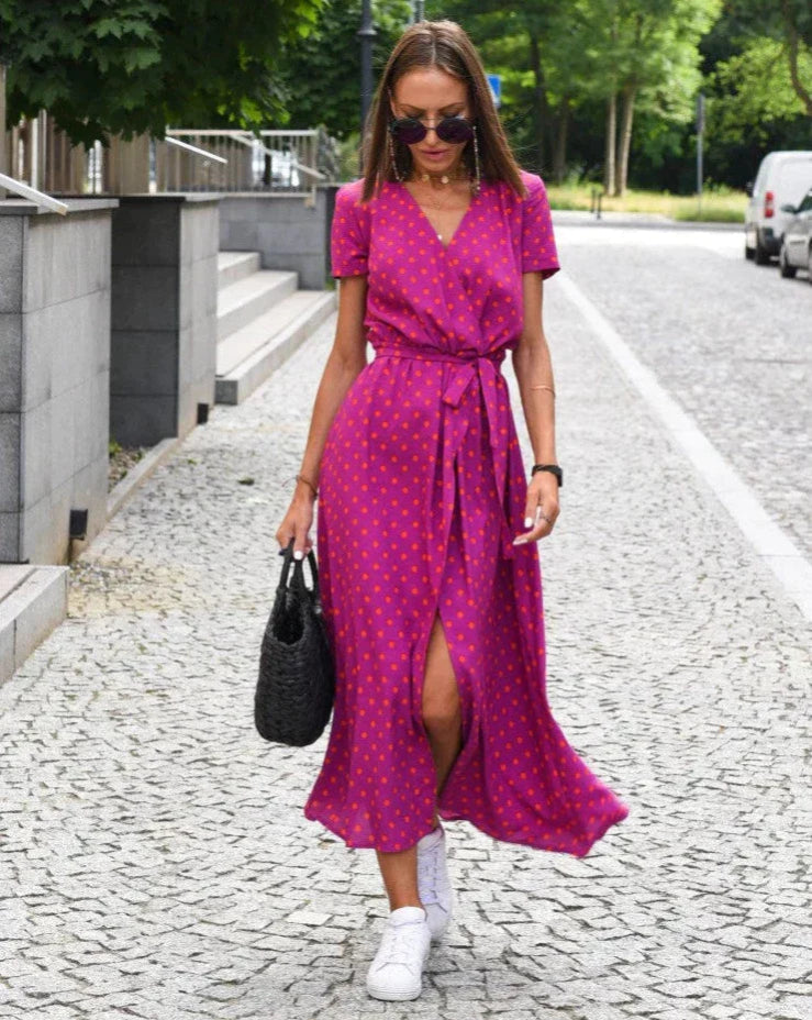 Women’s Summer Wrap Dress – Floral Print V-Neck Casual Midi