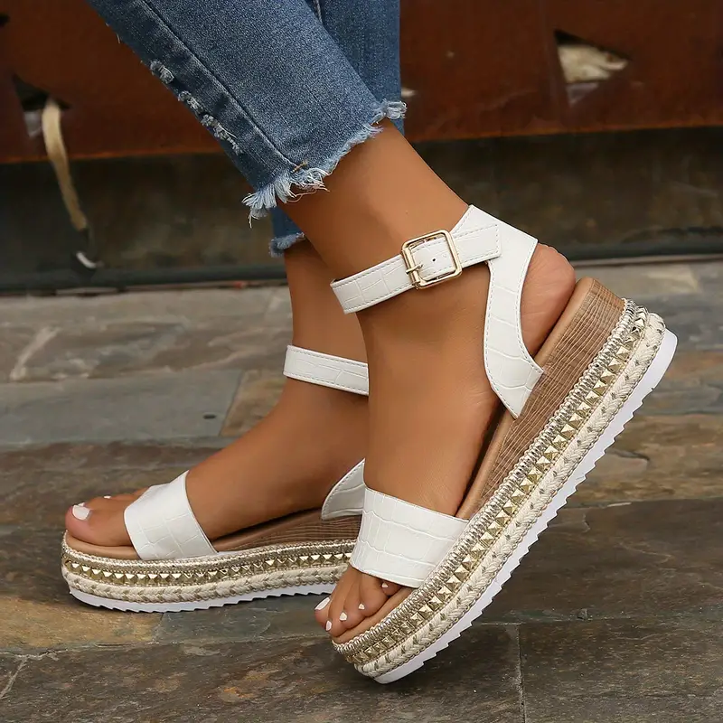 Women's Platform Espadrille Sandals with Buckle Strap and Stud Trim
