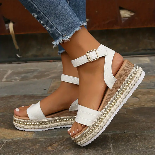 Women's Platform Espadrille Sandals with Buckle Strap and Stud Trim