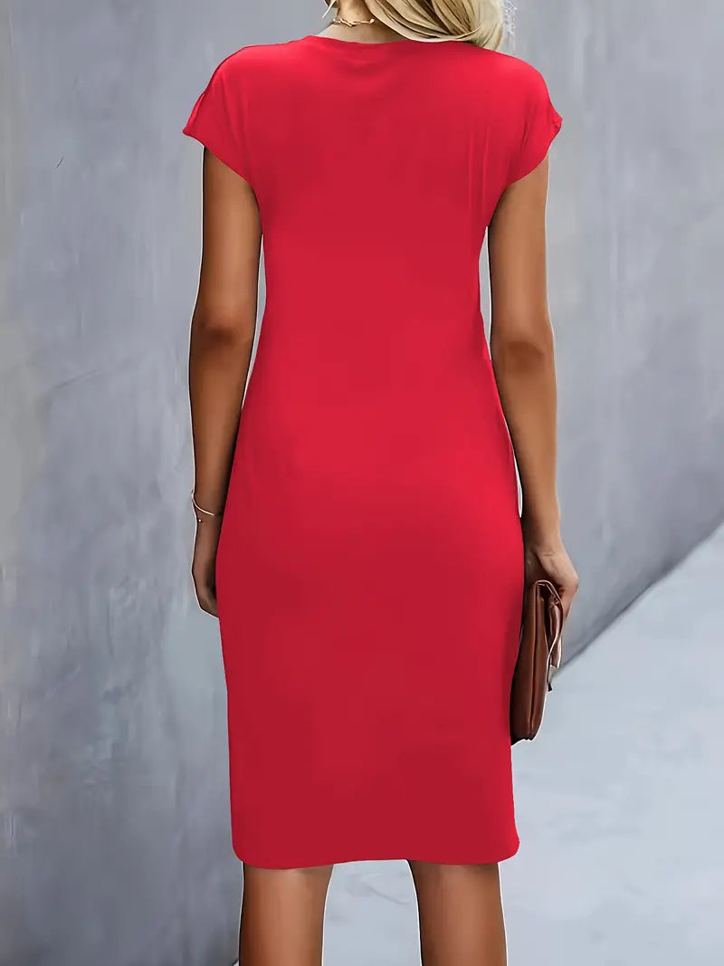 Women's Knee-Length Sheath Dress with Ruched Waist and Cap Sleeves