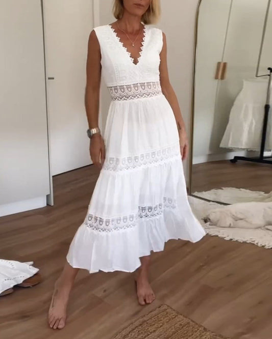 Women's White Lace-Trimmed Maxi Dress with V-Neck