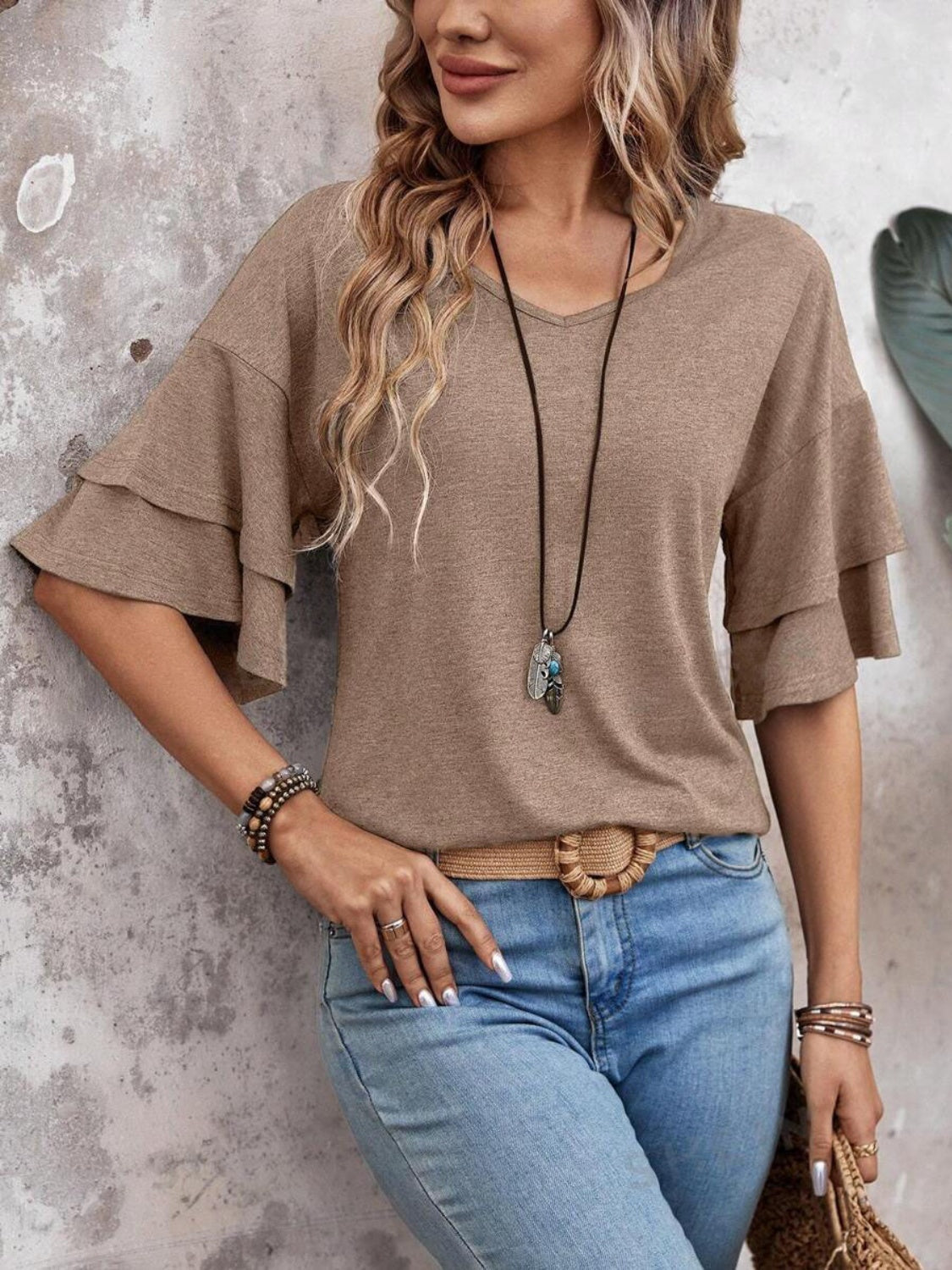 Women's Ruffle Sleeve V-Neck Blouse