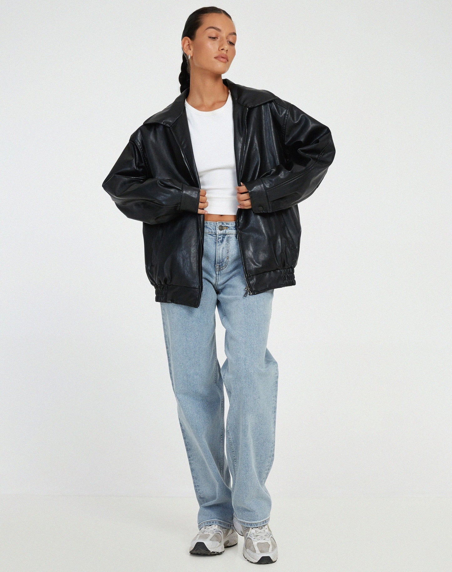 Women's Zip-Up Leather Jacket with Relaxed Fit and High Collar