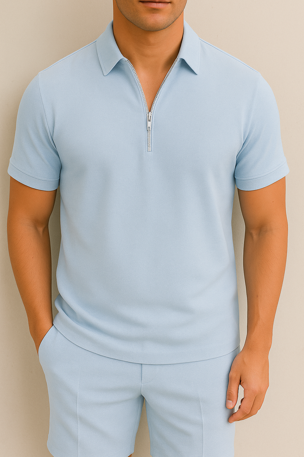 Men's Short Sleeve Polo Shirt with Zip Collar and Modern Fit