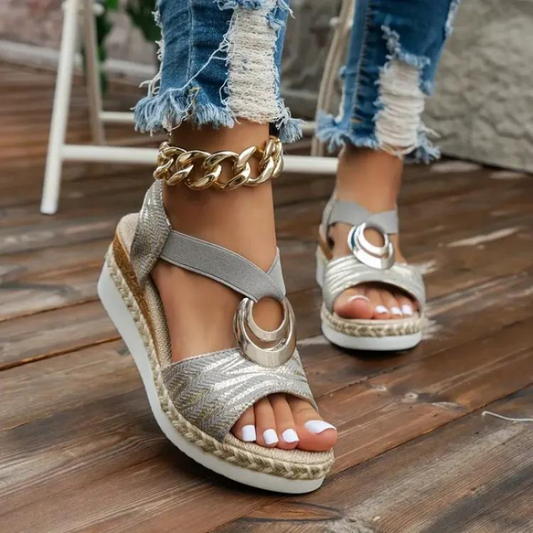 Women's Chic Wedge Sandals with Decorative Ring and Adjustable Strap