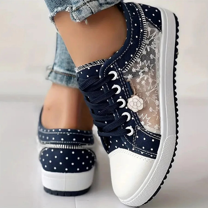 Women's Casual Sneakers with Lace Mesh and Polka Dot Design