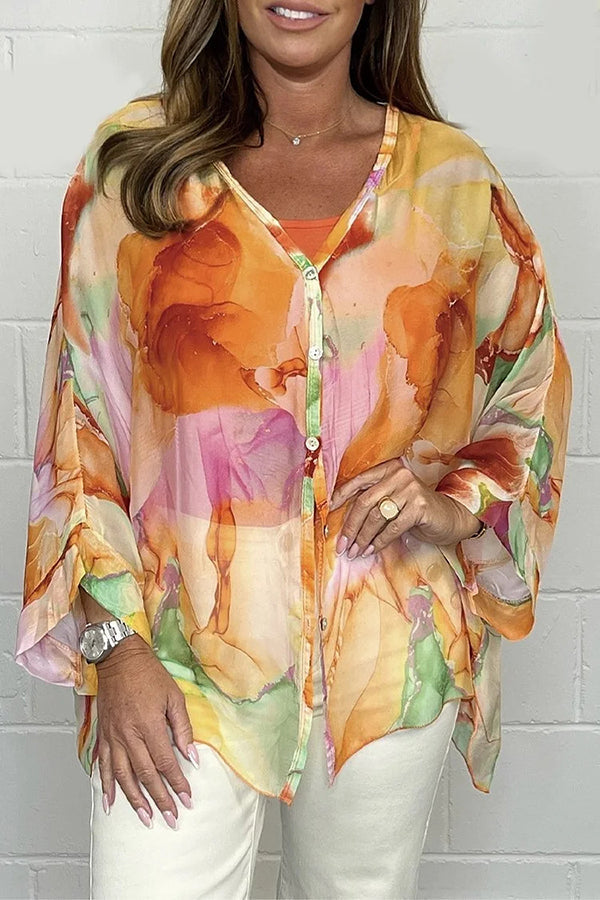 Women's Loose Button-Up Blouse with Watercolor Print
