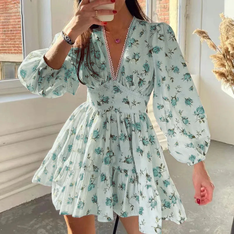 Women's Floral A-Line Mini Dress with V-Neck and Long Sleeves