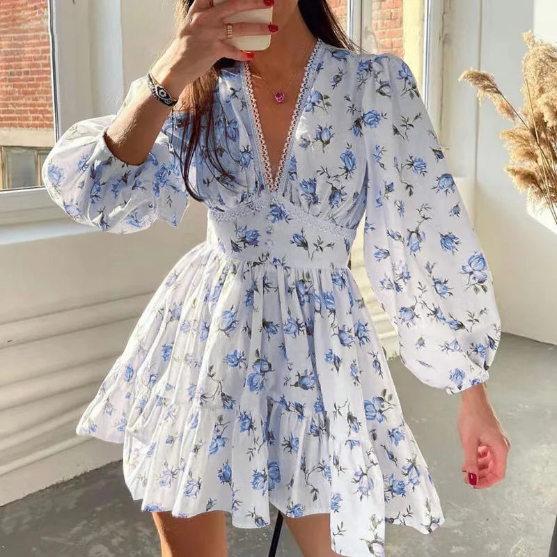Women's Floral A-Line Mini Dress with V-Neck and Long Sleeves