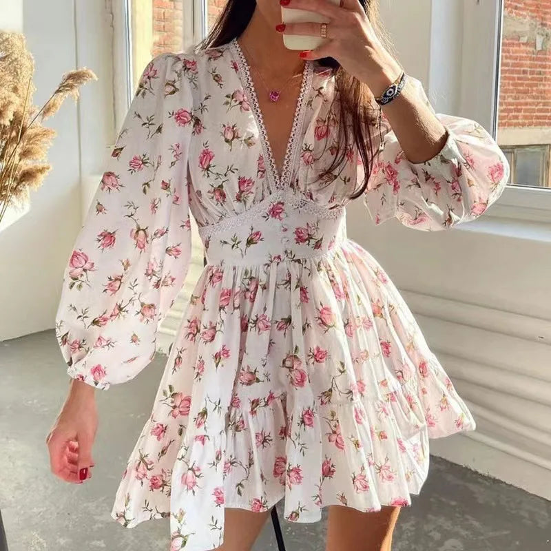 Women's Floral A-Line Mini Dress with V-Neck and Long Sleeves