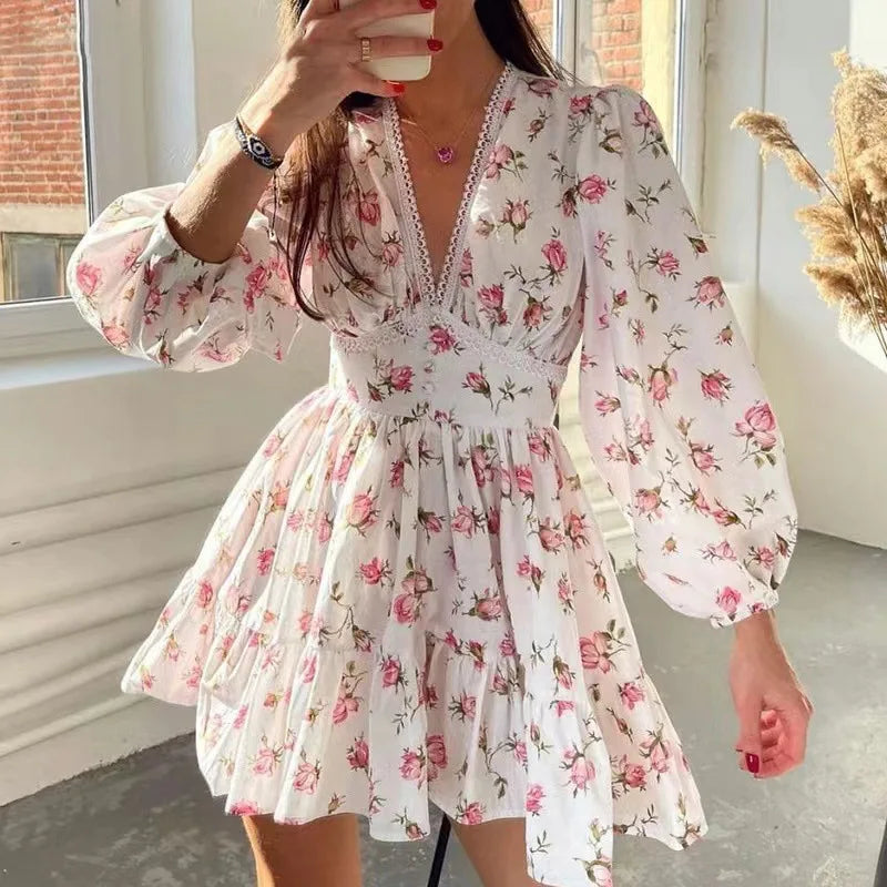Women's Floral A-Line Mini Dress with V-Neck and Long Sleeves