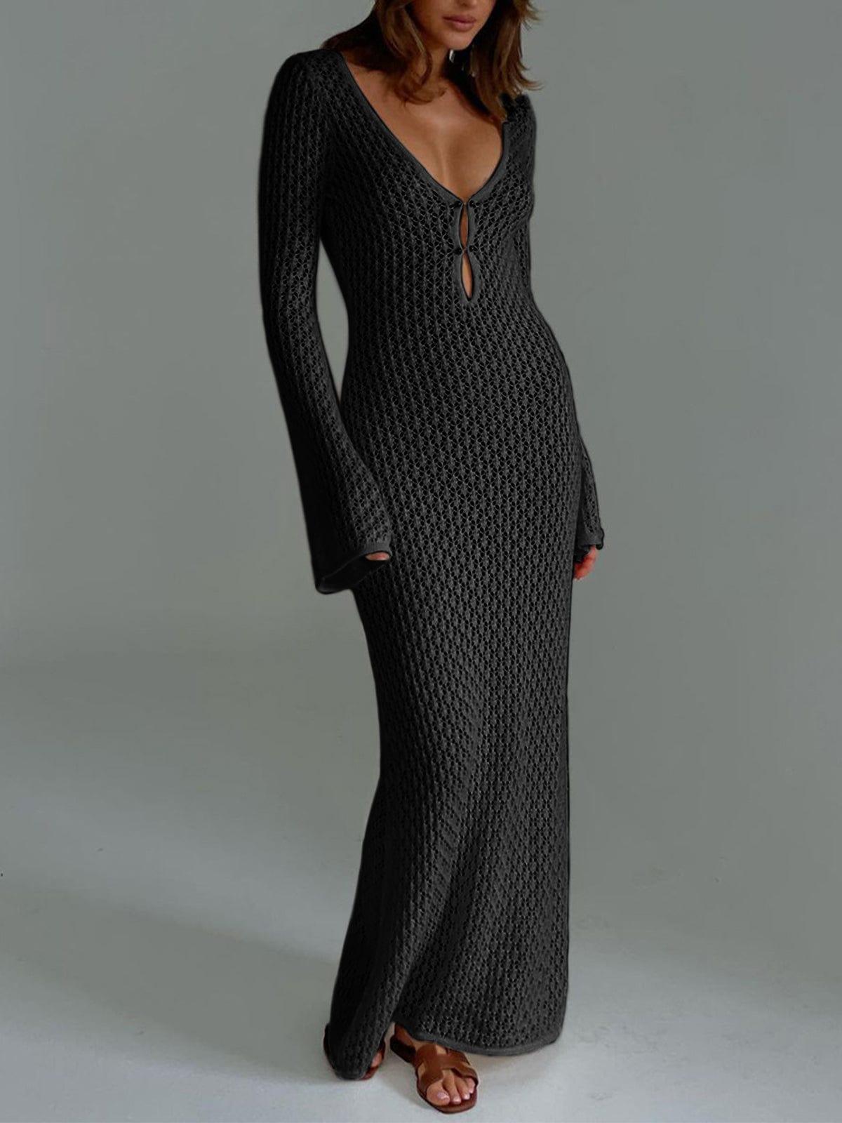 Women's Crochet Knit Maxi Dress with Bell Sleeves