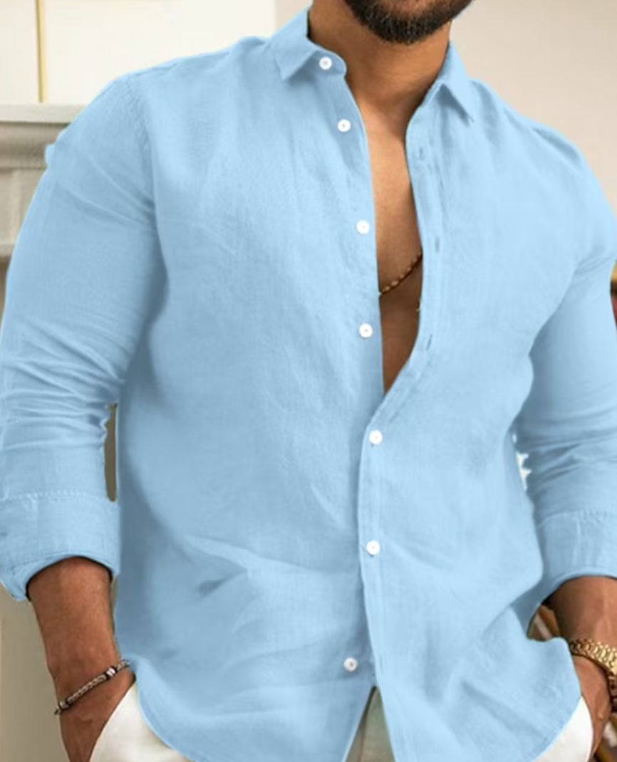 Men's Long Sleeve Button-Up Shirt with Spread Collar and Cuffs