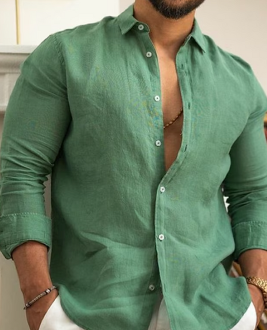 Men's Long Sleeve Button-Up Shirt with Spread Collar and Cuffs