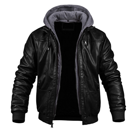 Men's Leather Jacket with Hood and Full Front Zip Closure