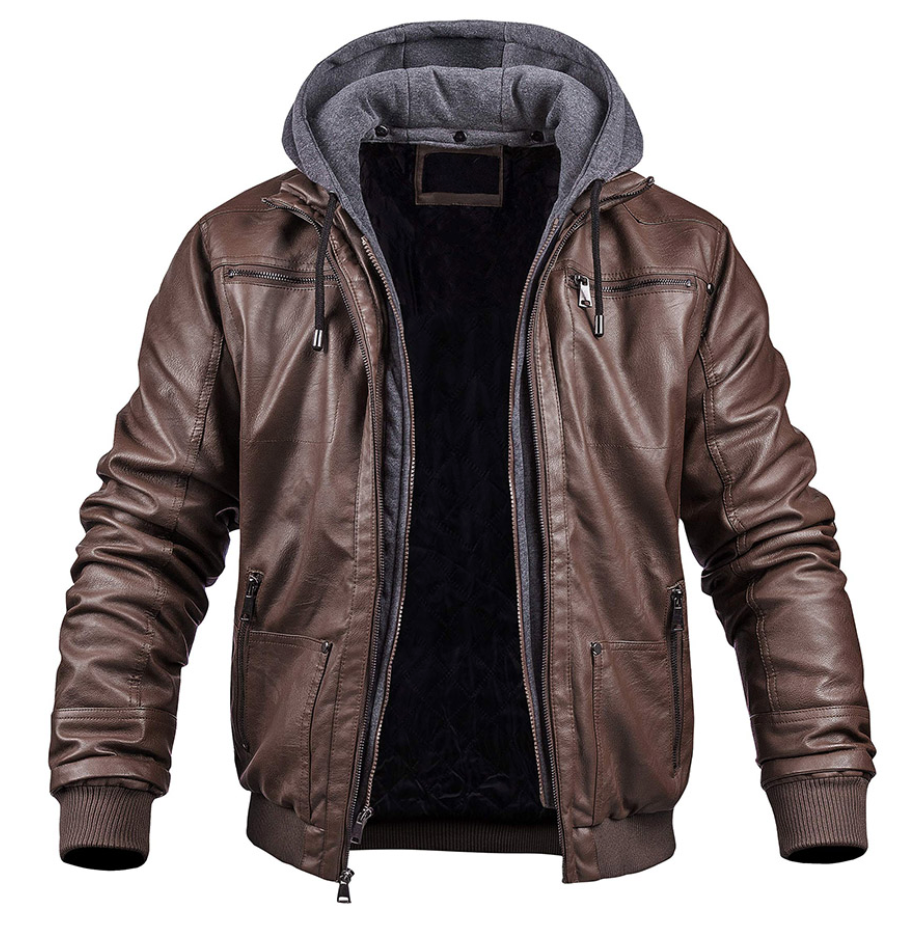 Men's Leather Jacket with Hood and Full Front Zip Closure