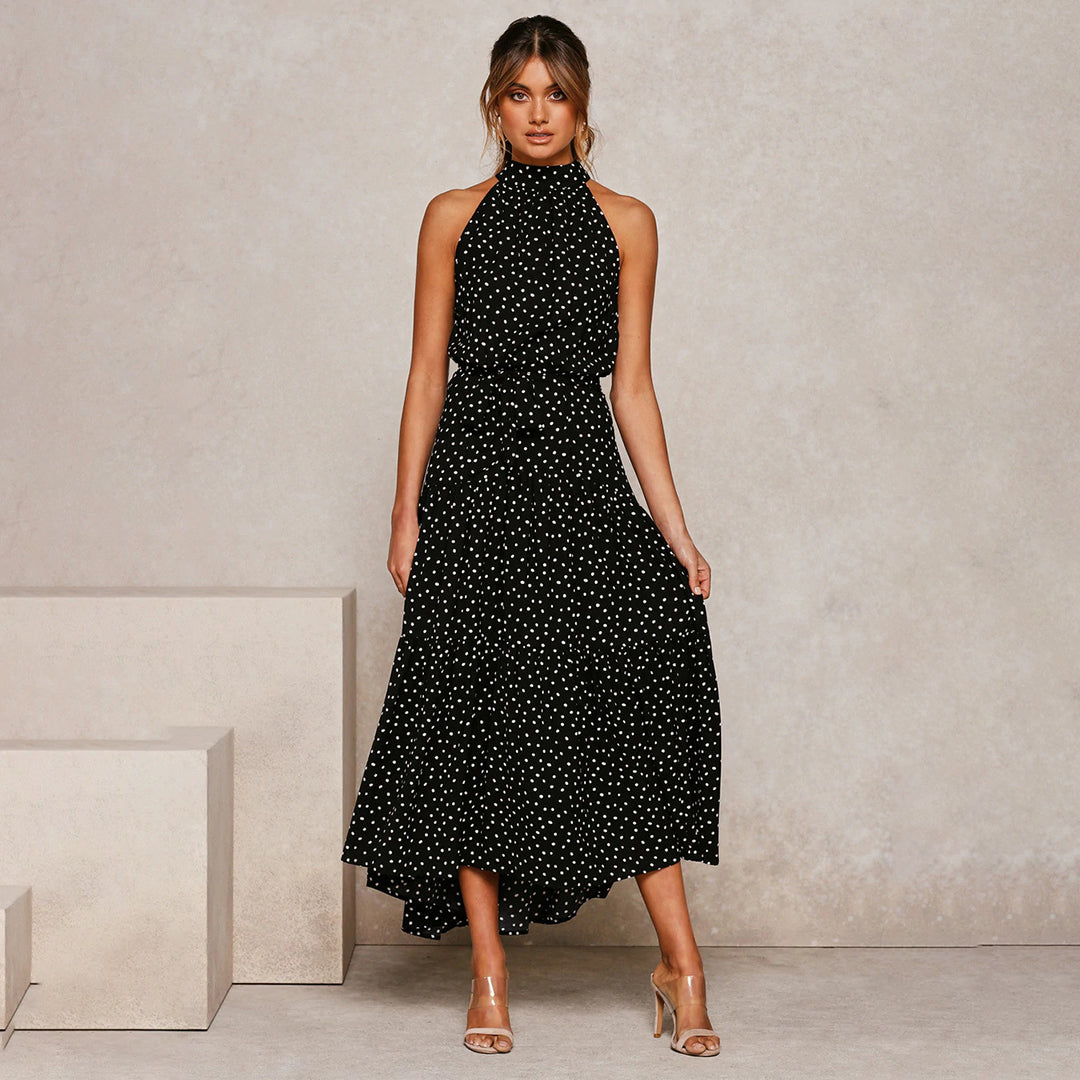Women’s Polka Dot Halter Neck Maxi Dress with Tie Waist