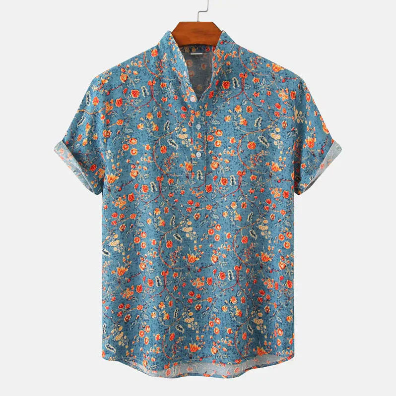 Men’s Floral Short Sleeve Shirt – Casual Summer Beach Shirt with Band Collar