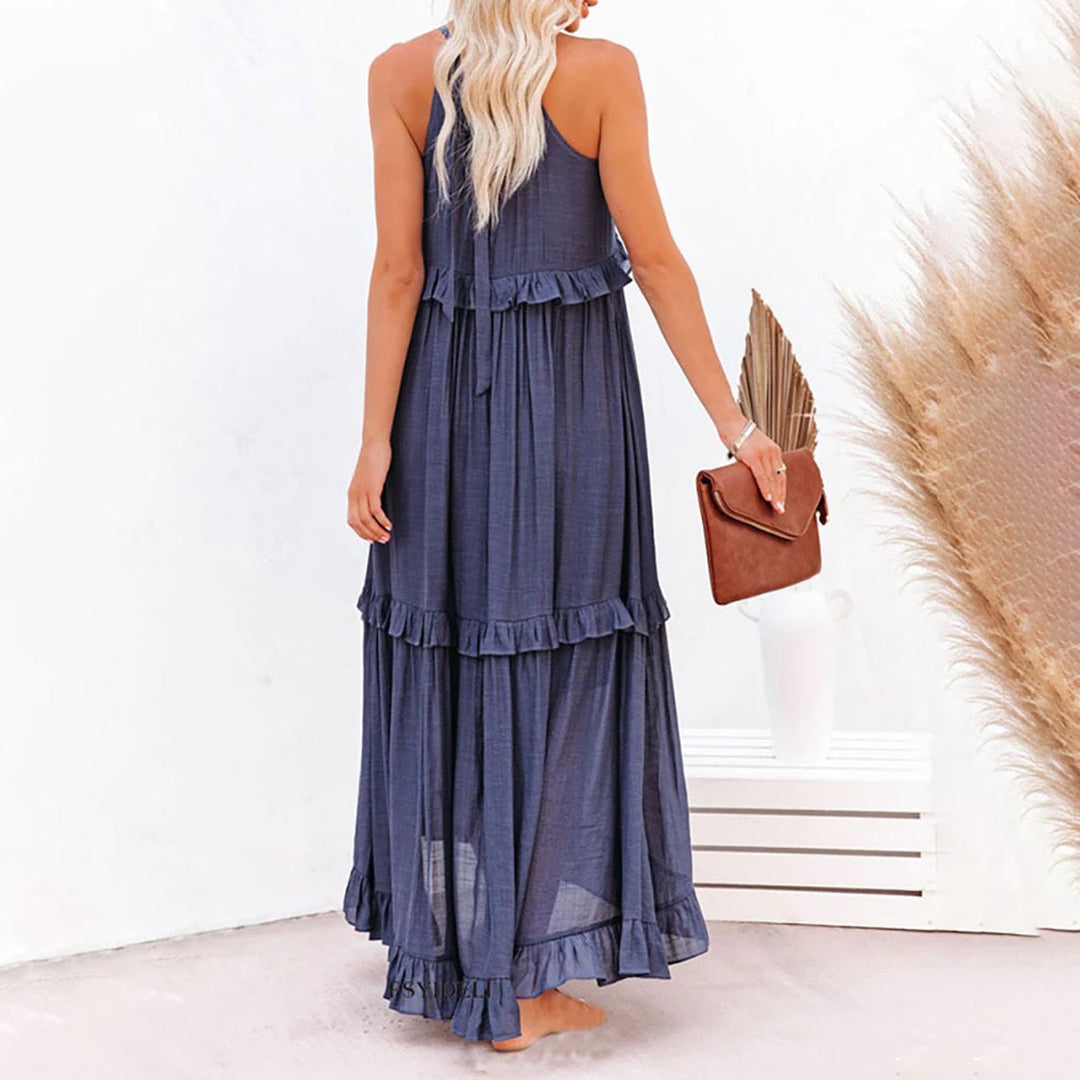 Women's Ruffled Halter Neck Maxi Dress with Layered Hemline