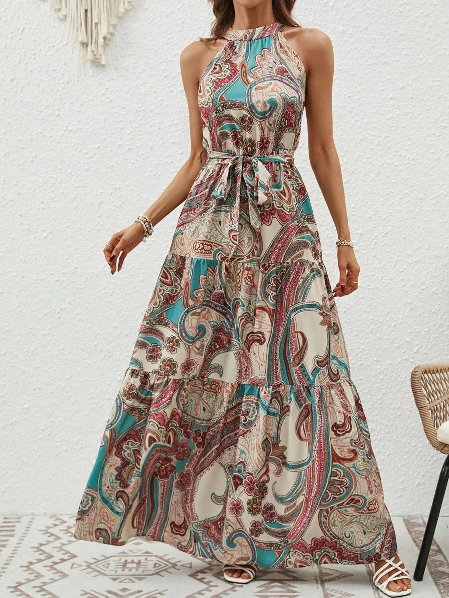 Women's Halter Neck Maxi Dress with Bohemian Print and Pockets