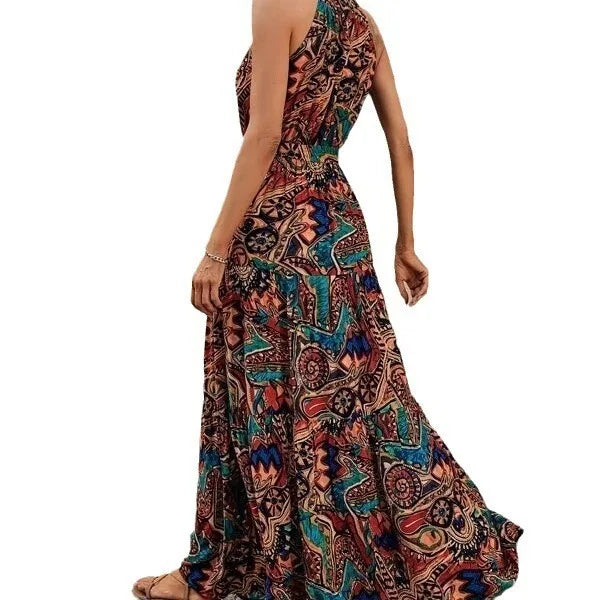 Women's Halter Neck Maxi Dress with Bohemian Print and Pockets