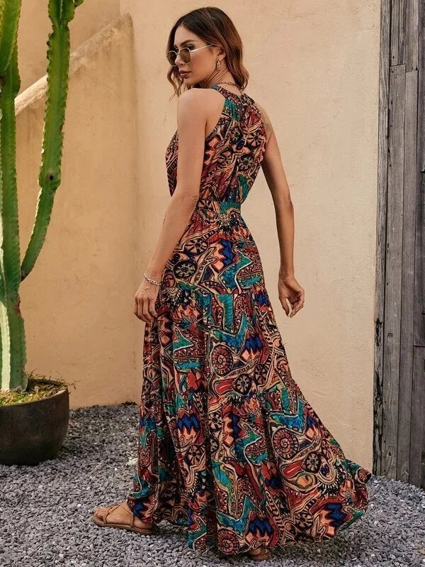 Women's Halter Neck Maxi Dress with Bohemian Print and Pockets